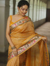 Banarasee Handwoven Crushed Tissue Saree With Meena Border-Mustard Yellow