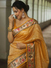 Banarasee Handwoven Crushed Tissue Saree With Meena Border-Mustard Yellow