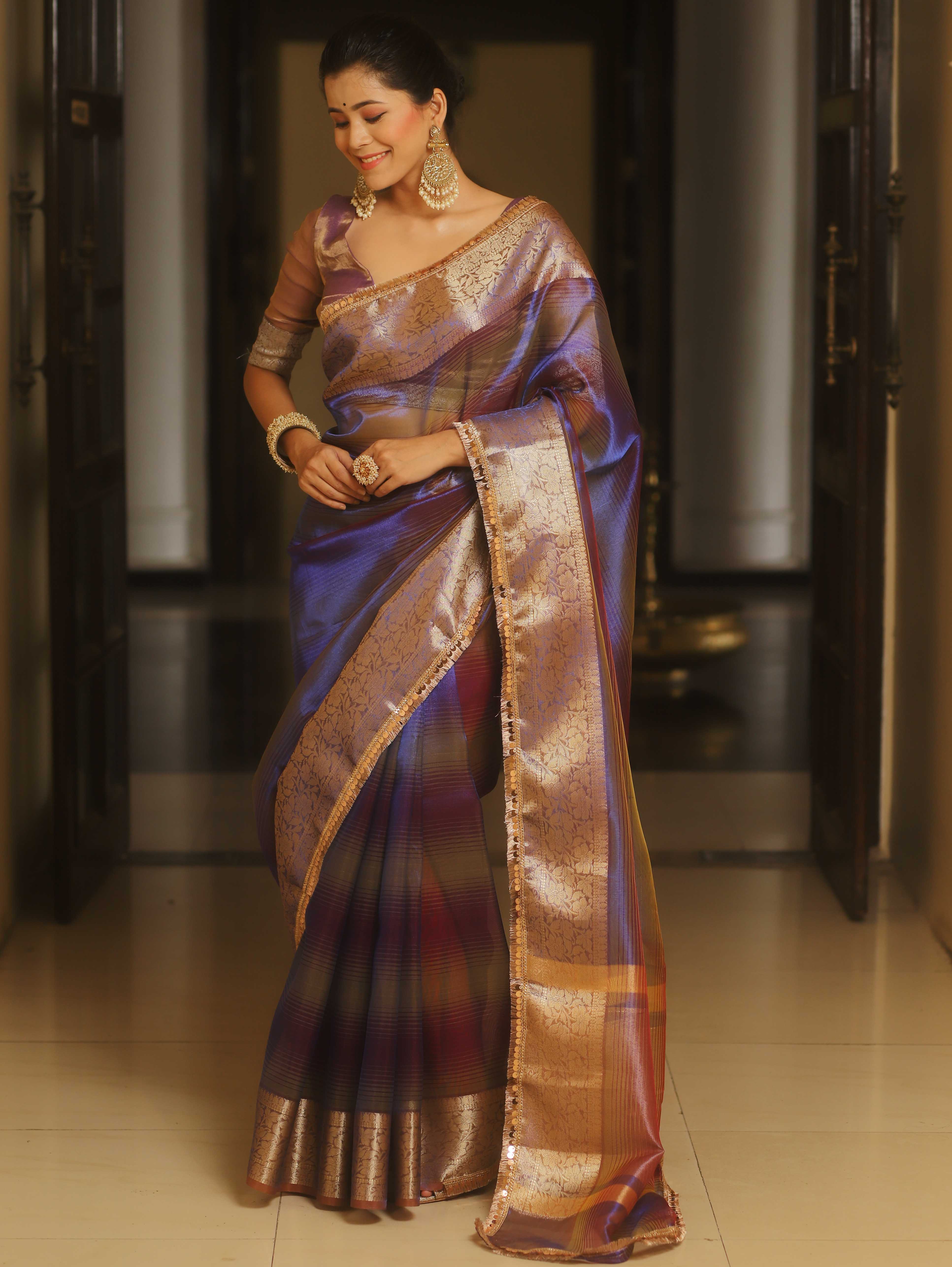 Banarasee Handwoven Shaded Tissue Saree With Lace-Violet