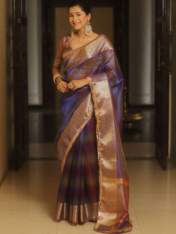 Banarasee Handwoven Shaded Tissue Saree With Lace-Violet