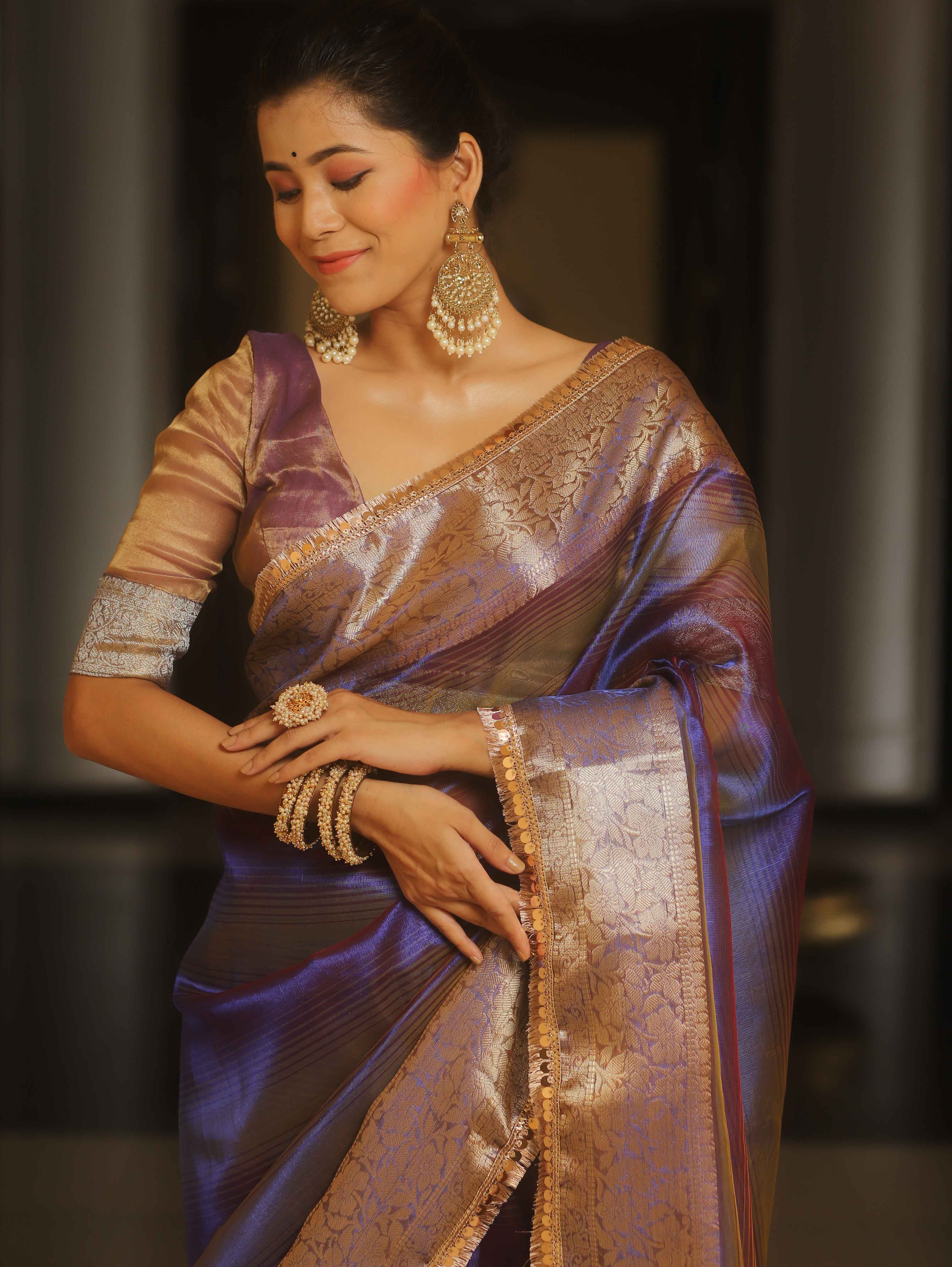 Banarasee Handwoven Shaded Tissue Saree With Lace-Violet