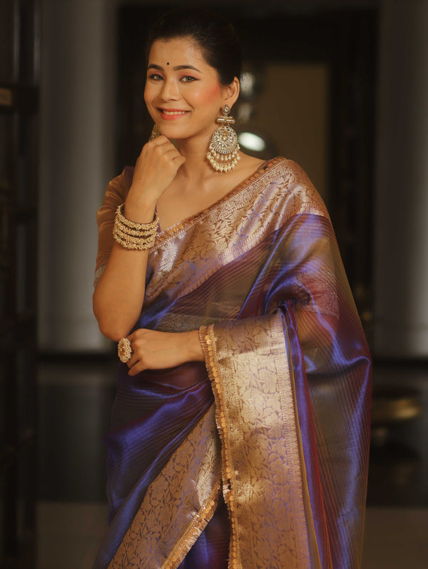 Banarasee Handwoven Shaded Tissue Saree With Lace-Violet