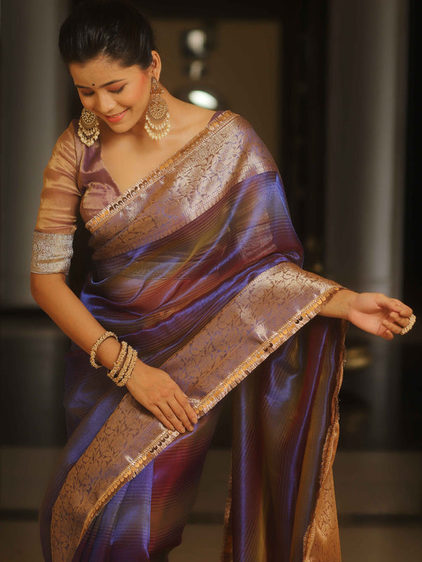 Banarasee Handwoven Shaded Tissue Saree With Lace-Violet