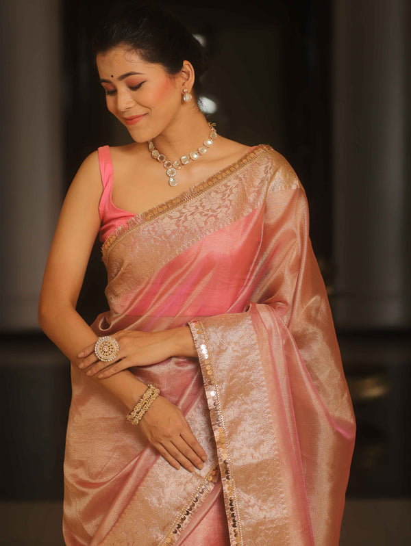 Banarasee Handwoven Plain Tissue Saree Zari Border With Lace-Pink