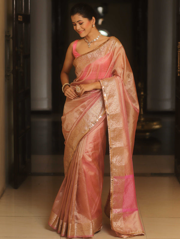 Banarasee Handwoven Plain Tissue Saree Zari Border With Lace-Pink