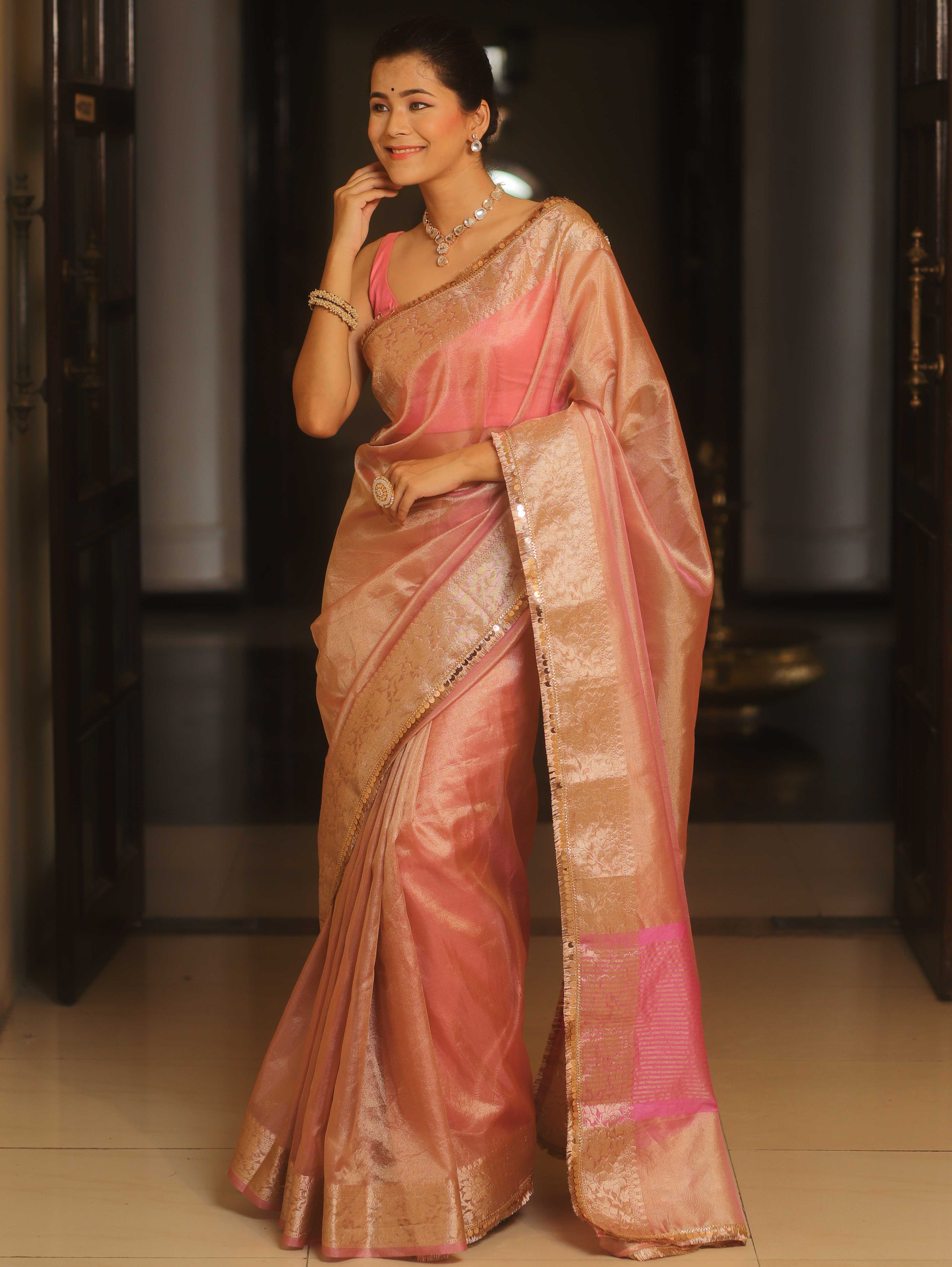 Banarasee Handwoven Plain Tissue Saree Zari Border With Lace-Pink