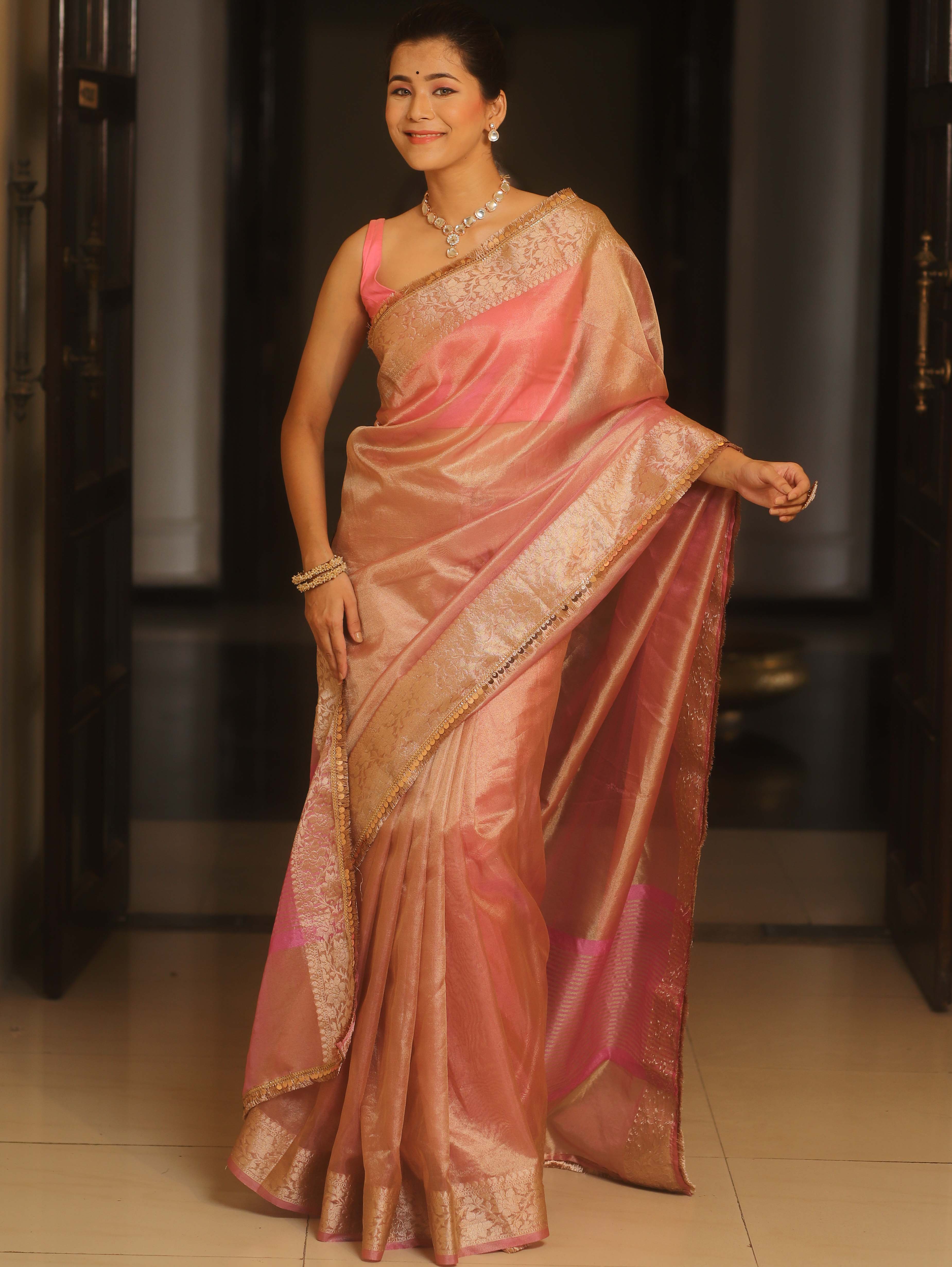 Banarasee Handwoven Plain Tissue Saree Zari Border With Lace-Pink