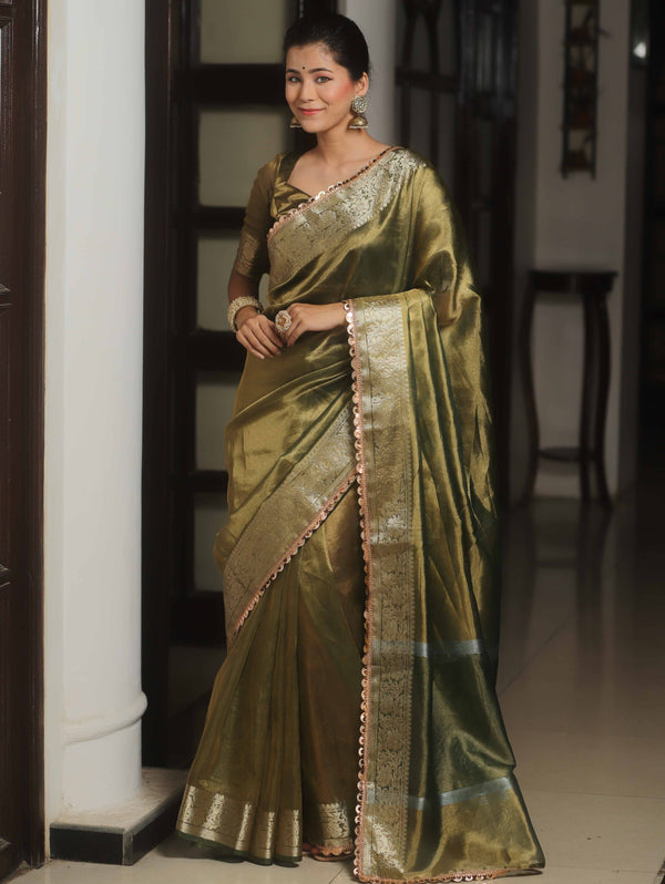 Banarasee Handwoven Plain Tissue Saree Zari Border With Lace-Green