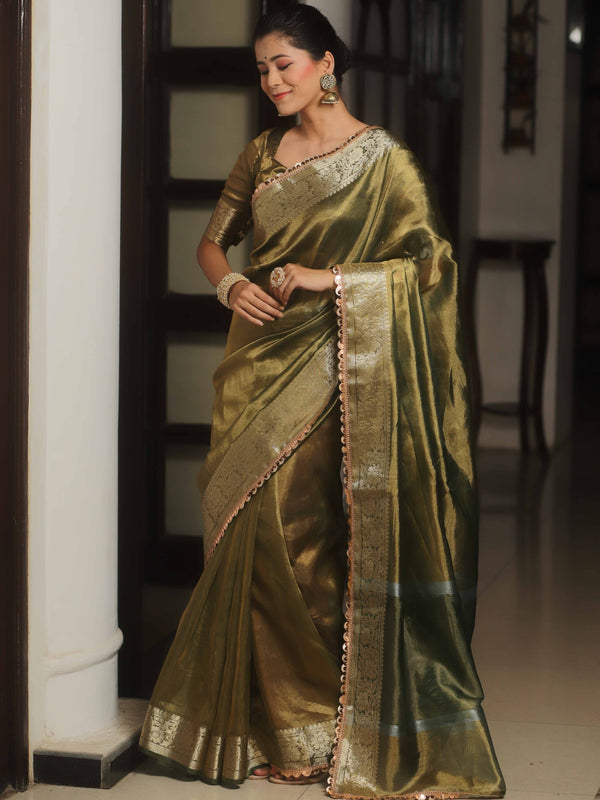 Banarasee Handwoven Plain Tissue Saree Zari Border With Lace-Green