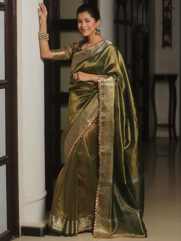 Banarasee Handwoven Plain Tissue Saree Zari Border With Lace-Green