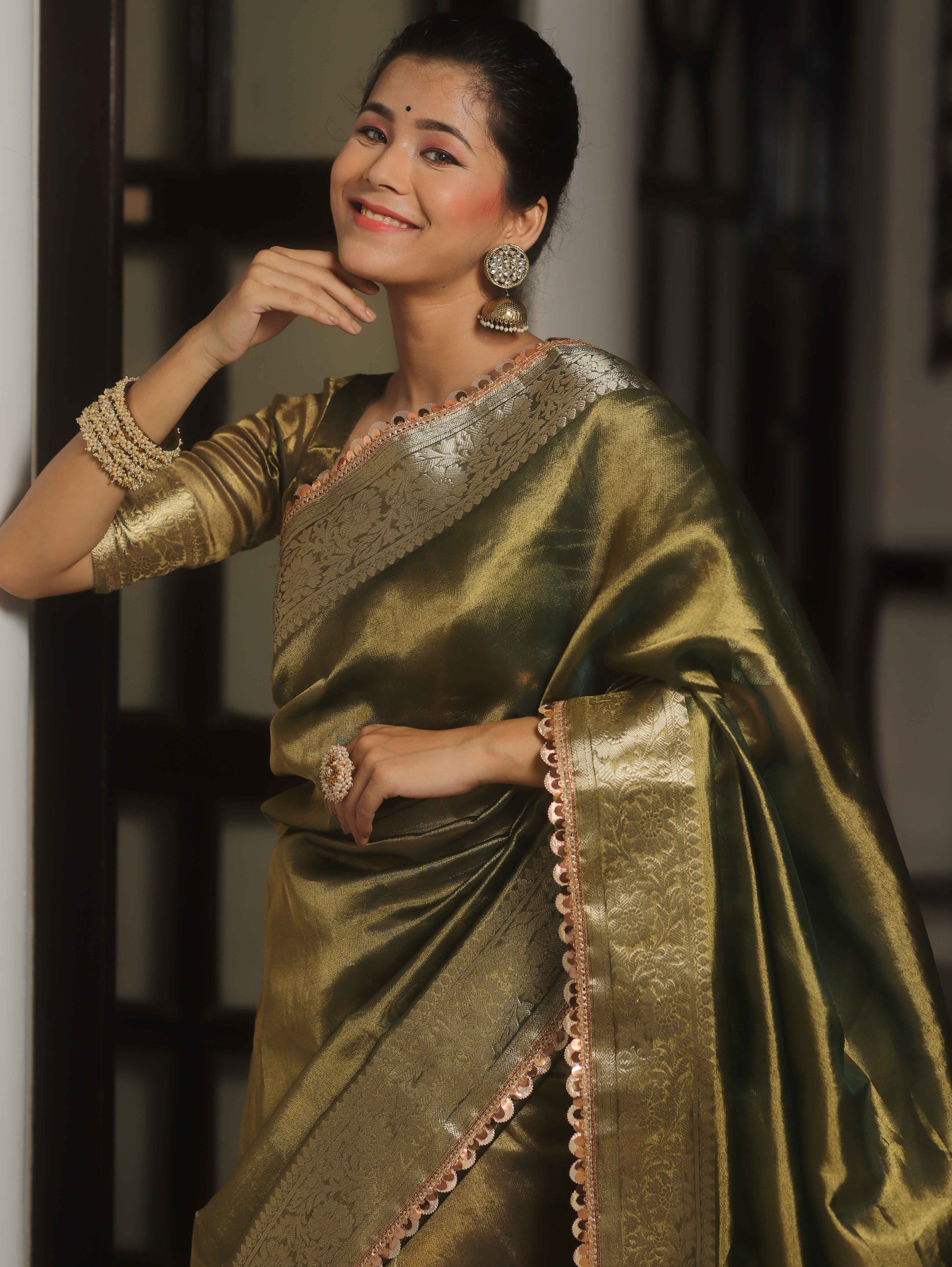 Banarasee Handwoven Plain Tissue Saree Zari Border With Lace-Green