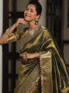 Banarasee Handwoven Plain Tissue Saree Zari Border With Lace-Green