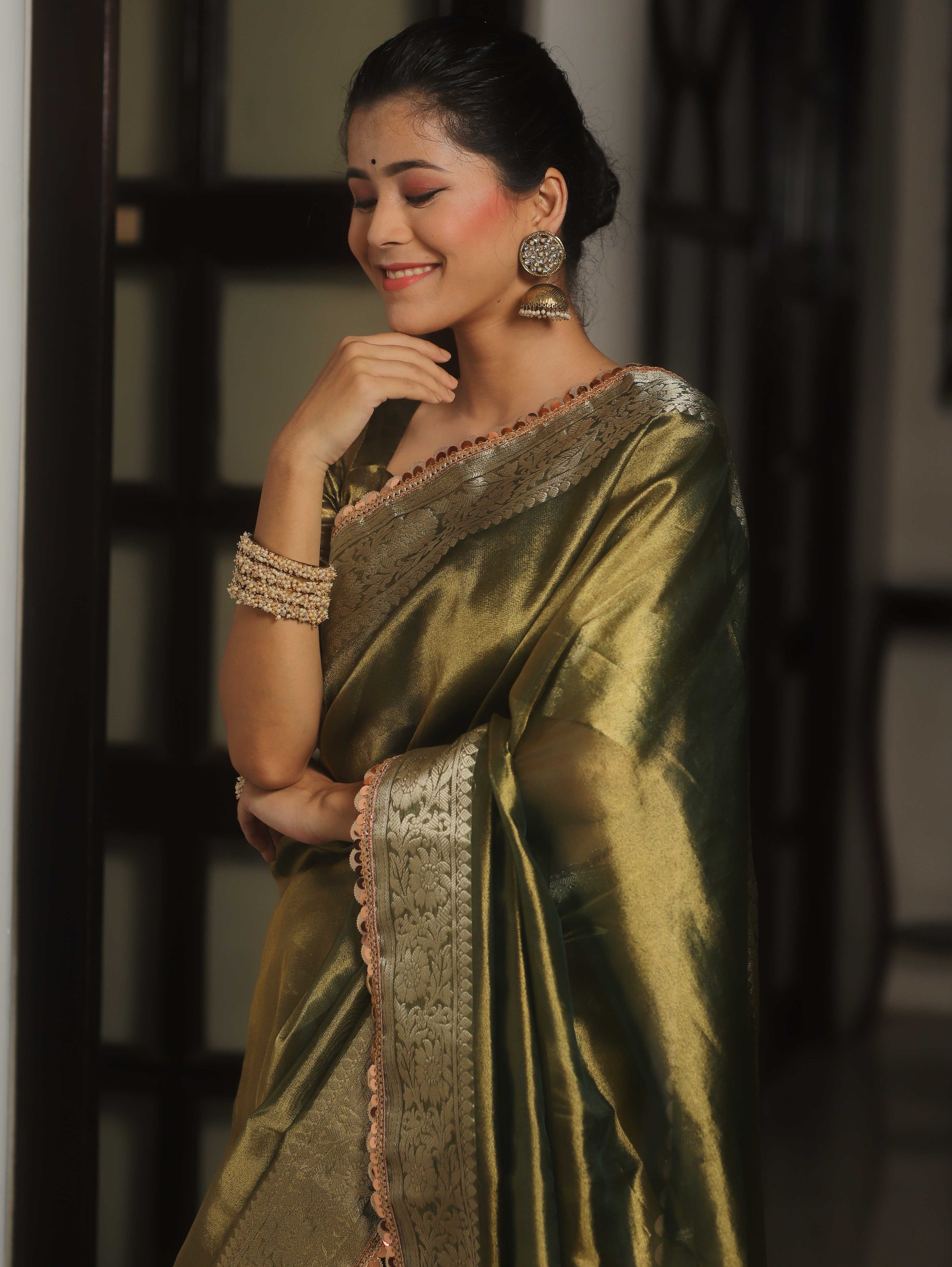 Banarasee Handwoven Plain Tissue Saree Zari Border With Lace-Green