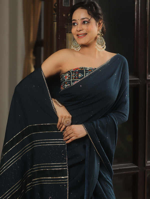 Banarasee Semi Silk Saree With Lace & Sequin Work & Printed Blouse-Prussian Blue