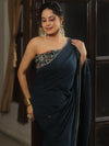 Banarasee Semi Silk Saree With Lace & Sequin Work & Printed Blouse-Prussian Blue