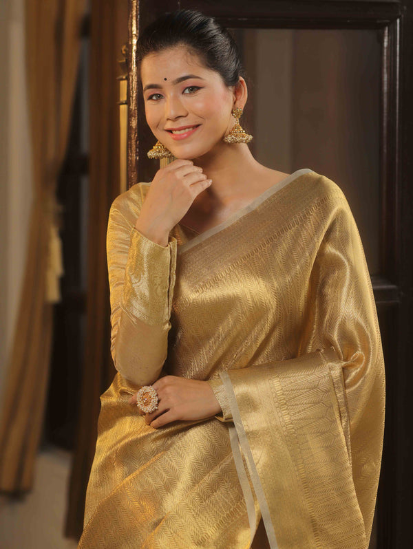 Banarasee Handwoven Gold Zari Tissue Saree-Gold