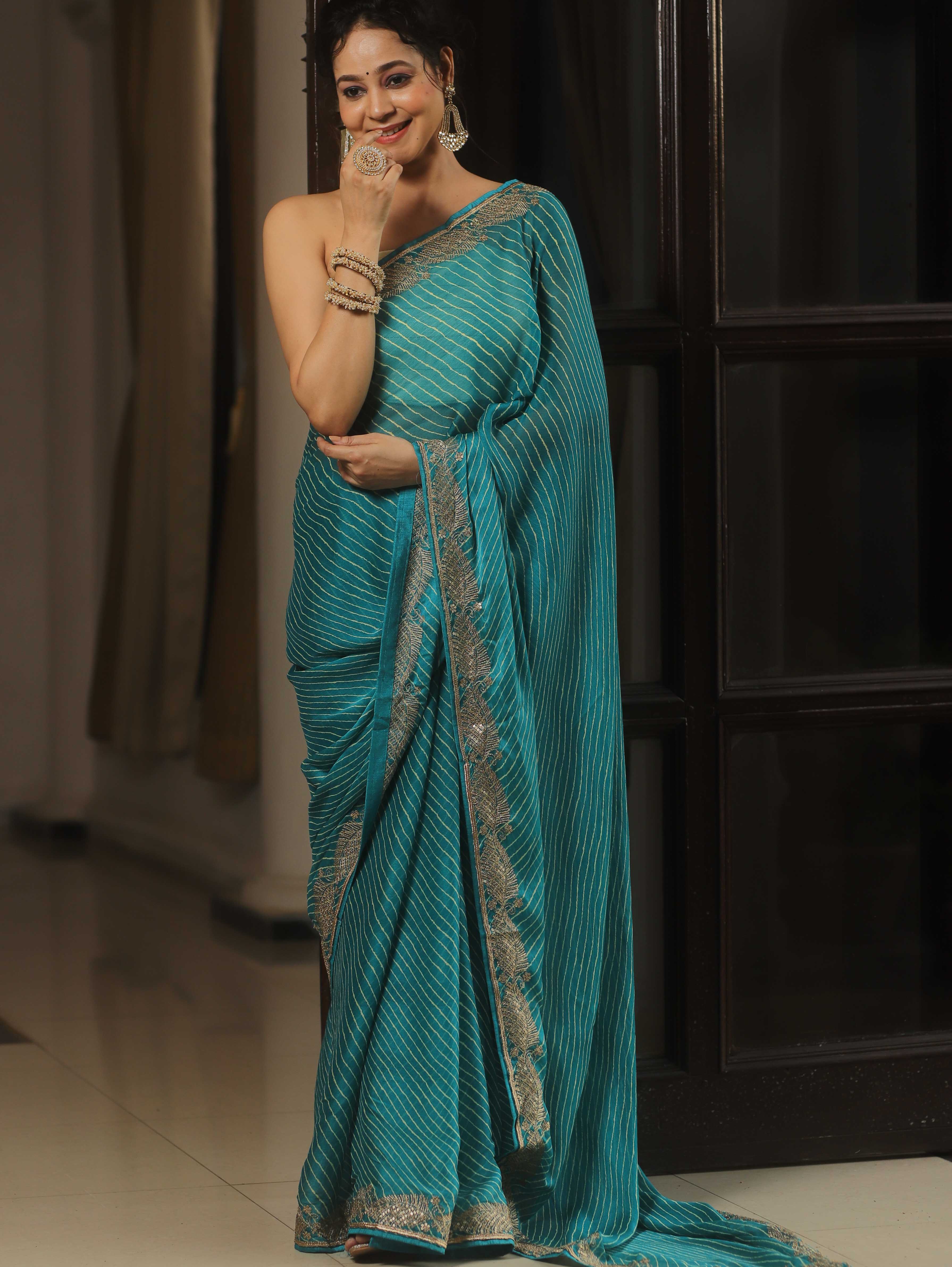 Banarasee Chiffon Bandhani Print Saree & Hand Work With Contrast Blouse-Blue