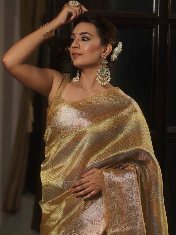 Banarasee Handwoven Shaded Tissue Saree-Gold