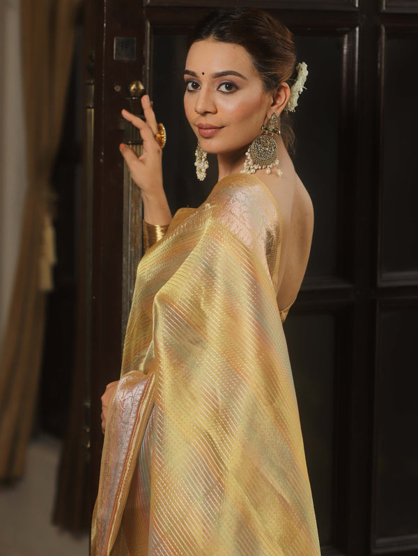 Banarasee Handwoven Shaded Tissue Saree-Gold