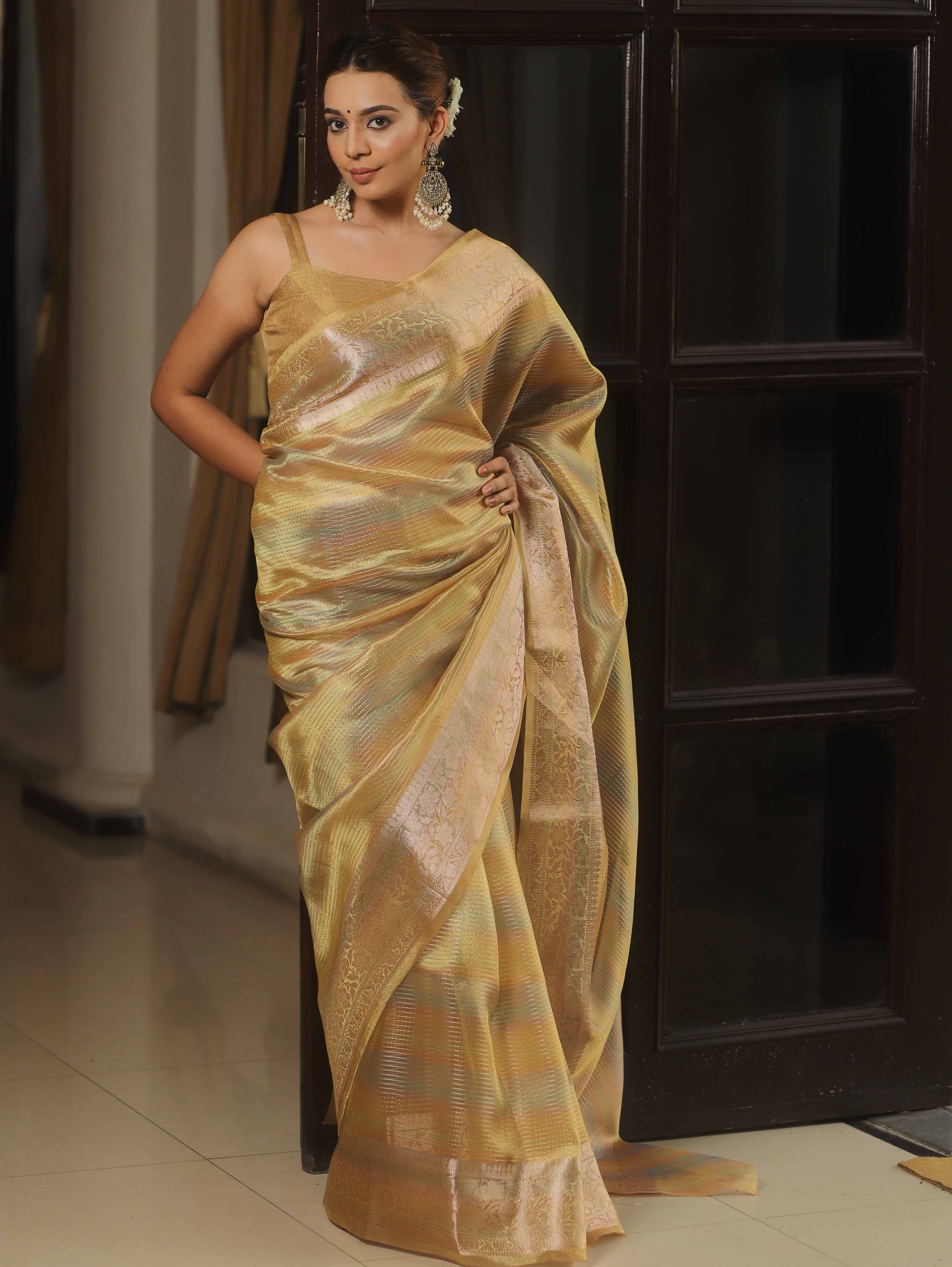 Banarasee Handwoven Shaded Tissue Saree-Gold