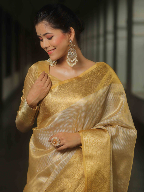 Banarasee Handwoven Gold Zari Tissue Saree-Gold