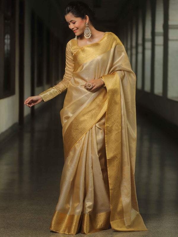 Banarasee Handwoven Gold Zari Tissue Saree-Gold