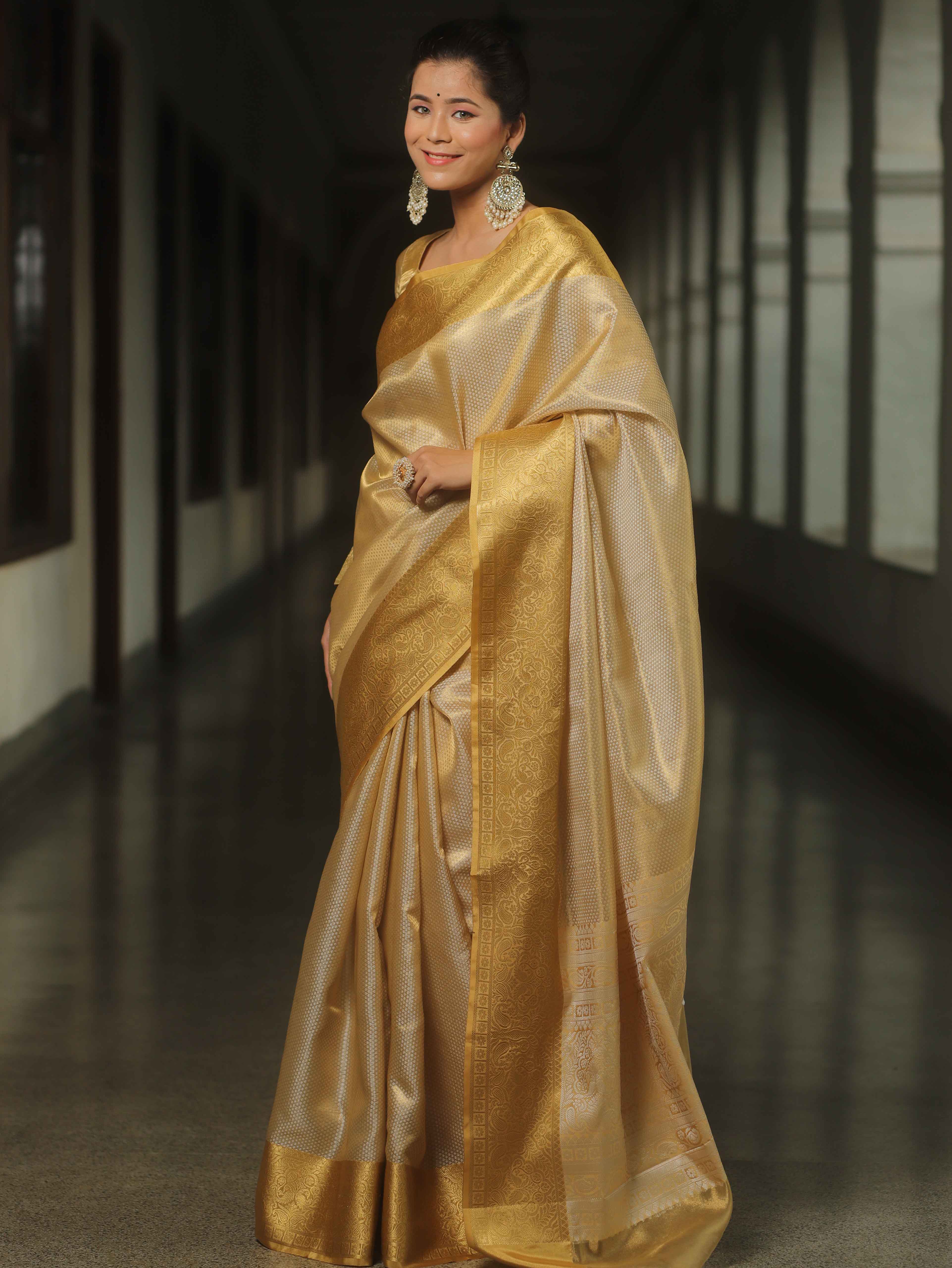 Banarasee Handwoven Gold Zari Tissue Saree-Gold