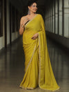 Banarasee Chiffon Bandhani Print Saree & Hand Work With Contrast Blouse-Lime Green