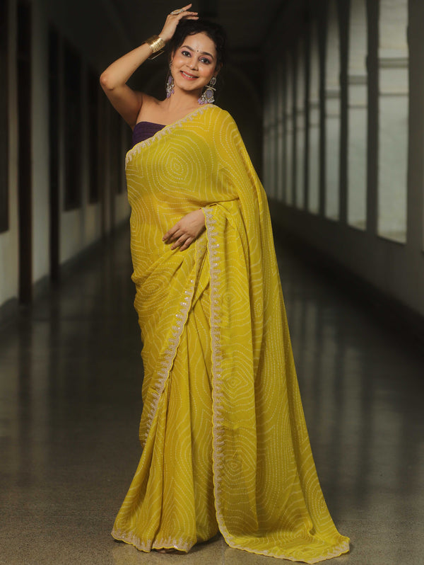 Banarasee Chiffon Bandhani Print Saree & Hand Work With Contrast Blouse-Lime Green