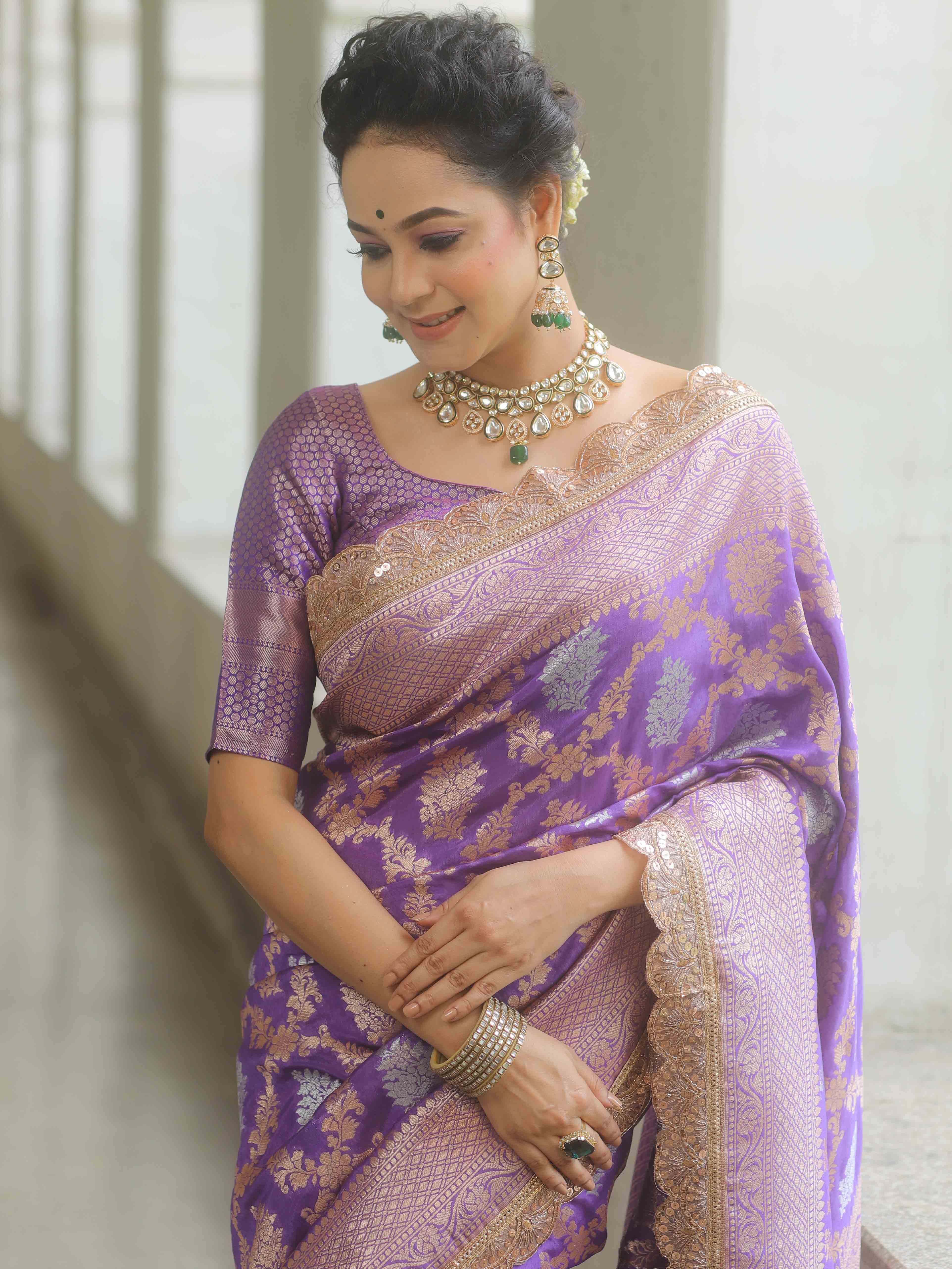 Banarasee Handwoven Georgette Saree Zari Jaal Design With Lace-Lavender