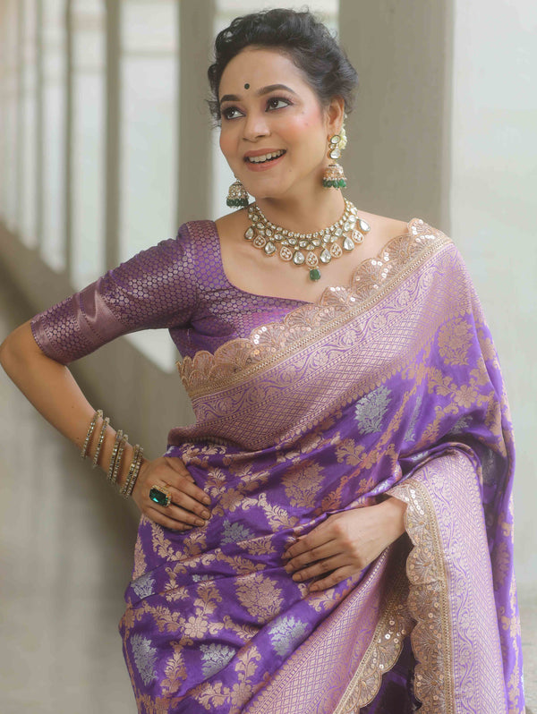 Banarasee Handwoven Georgette Saree Zari Jaal Design With Lace-Lavender