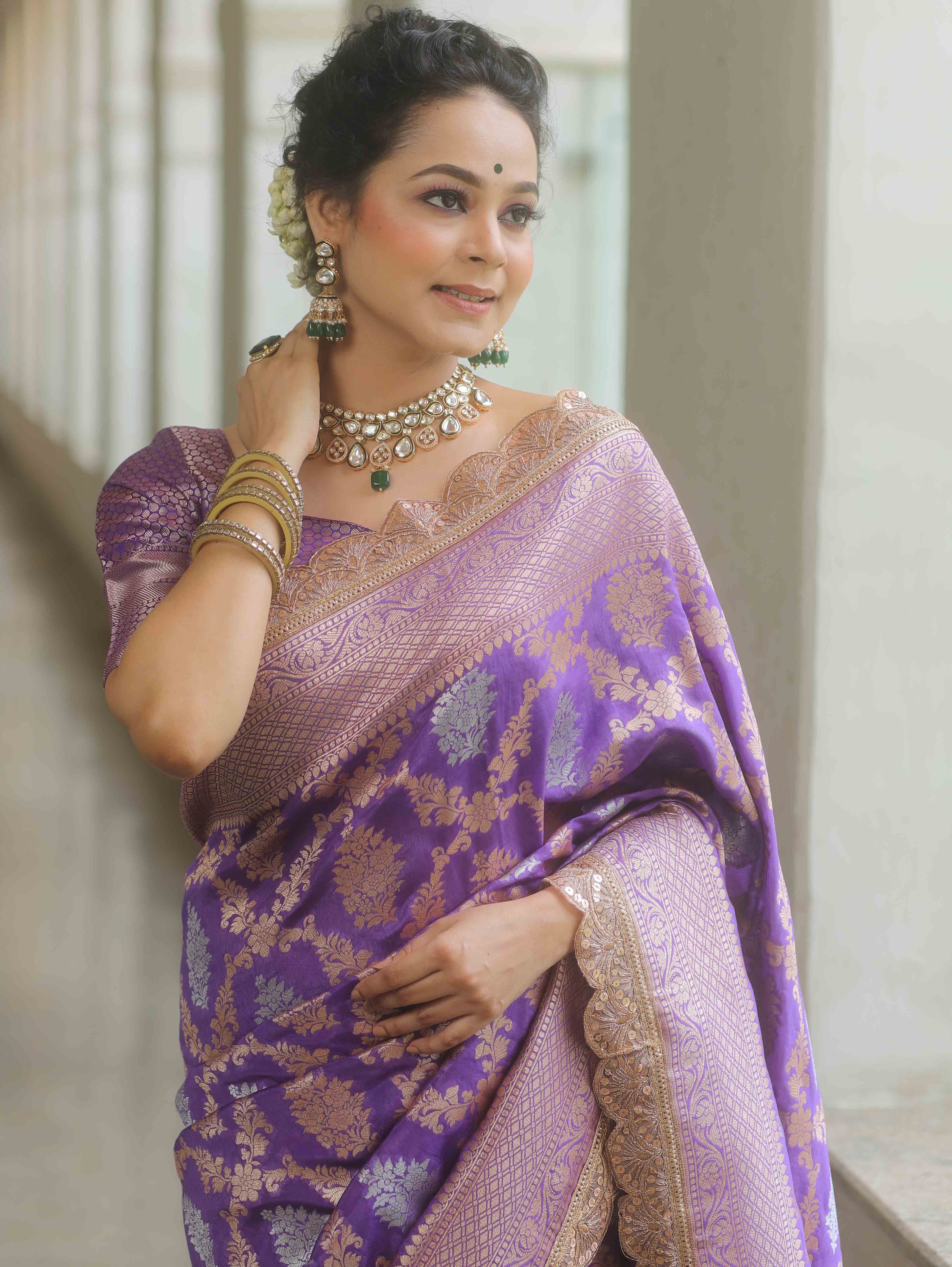 Banarasee Handwoven Georgette Saree Zari Jaal Design With Lace-Lavender