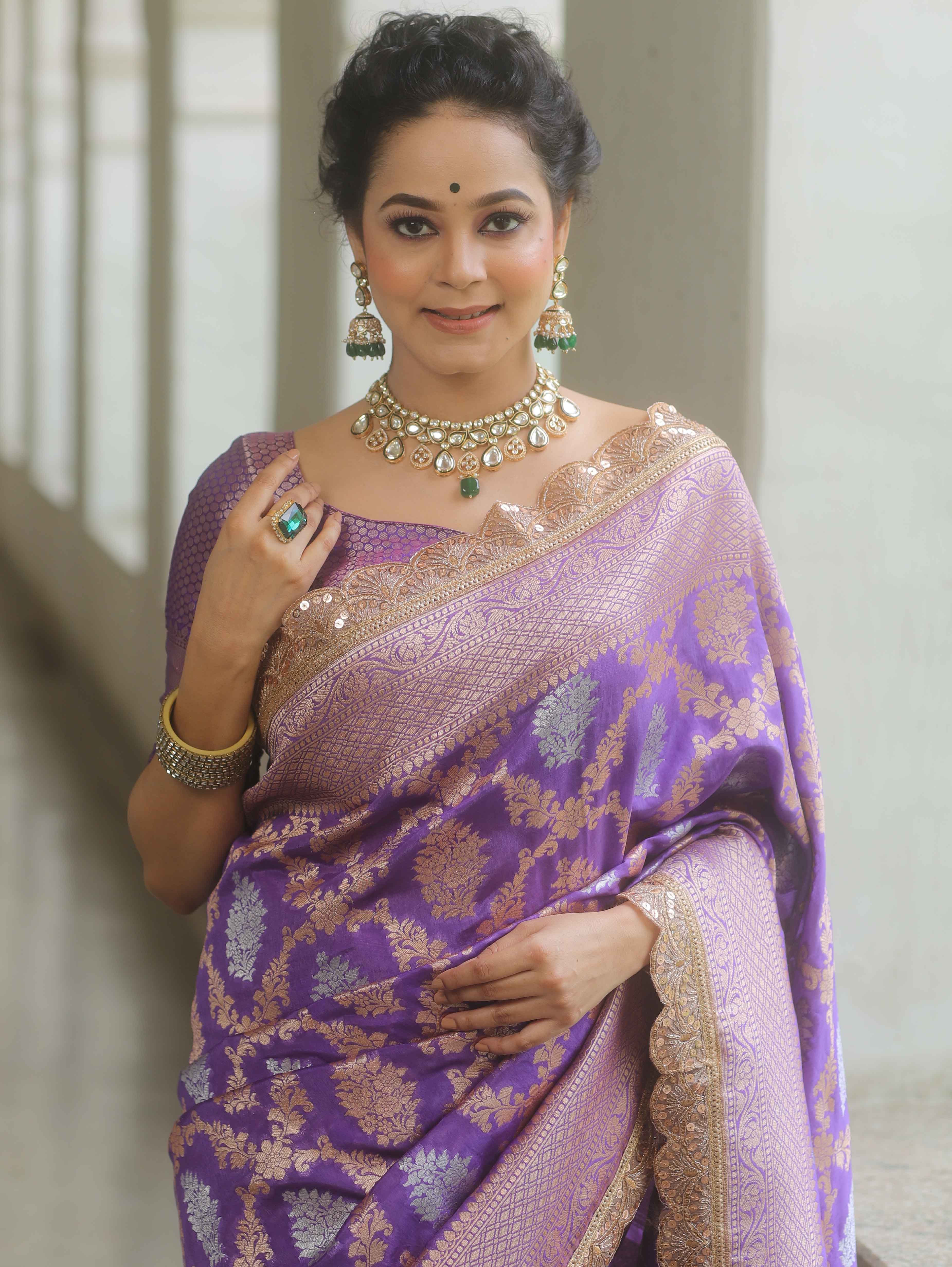 Banarasee Handwoven Georgette Saree Zari Jaal Design With Lace-Lavender