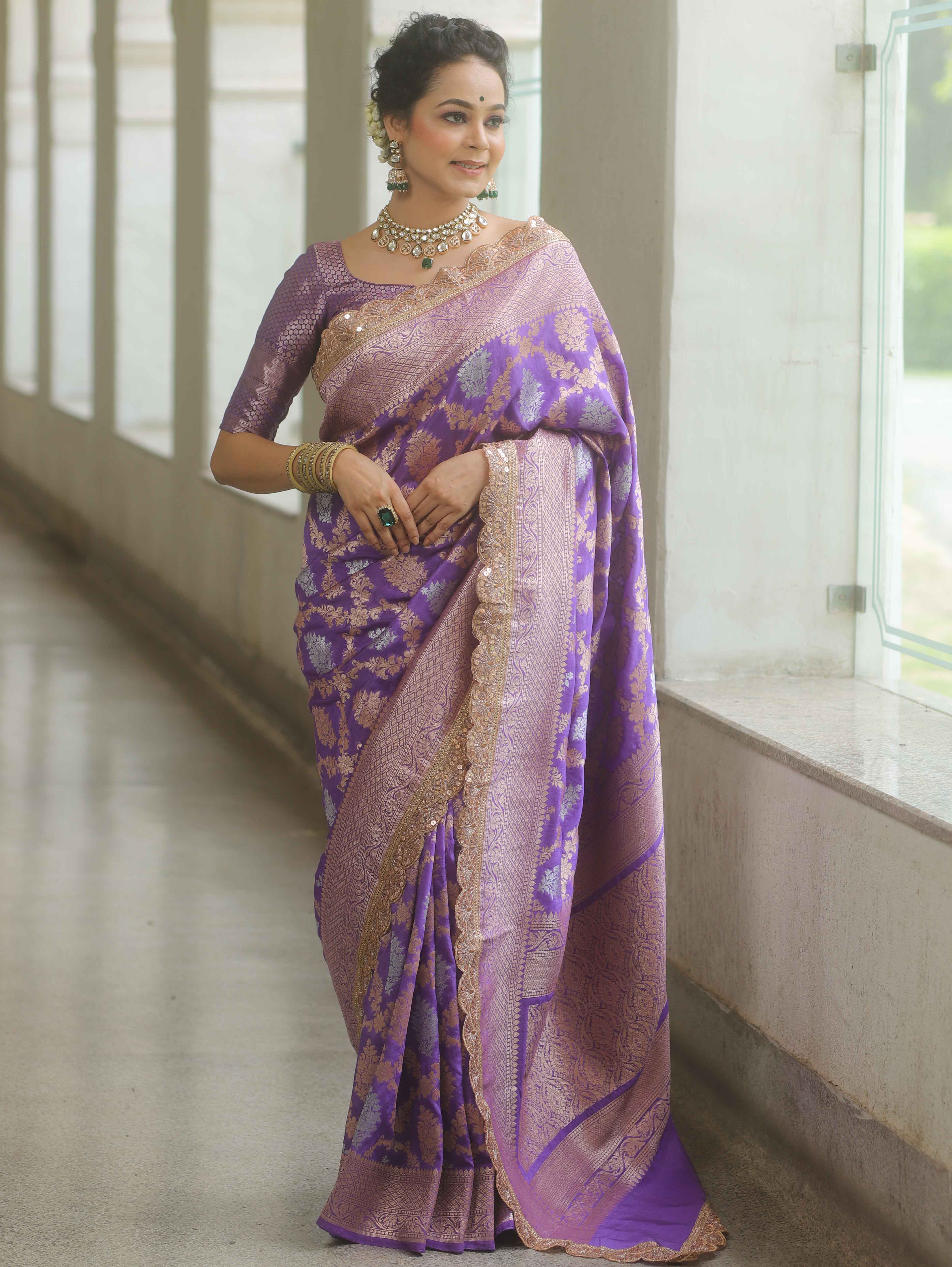 Banarasee Handwoven Georgette Saree Zari Jaal Design With Lace-Lavender