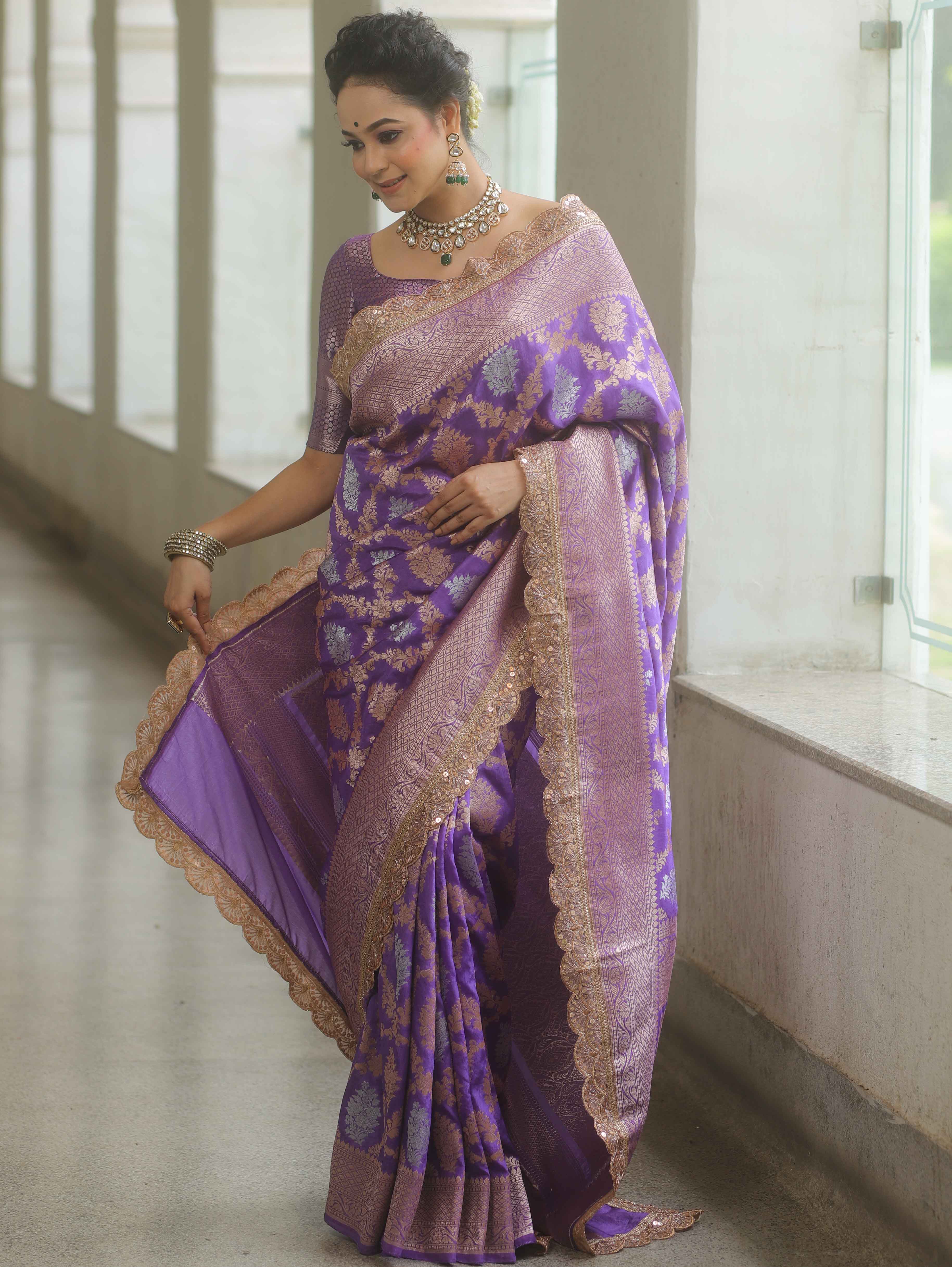 Banarasee Handwoven Georgette Saree Zari Jaal Design With Lace-Lavender