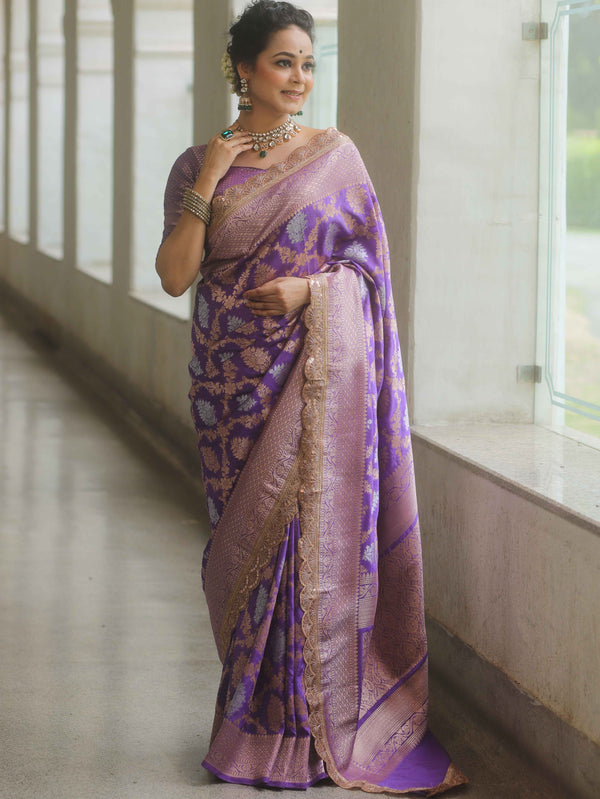 Banarasee Handwoven Georgette Saree Zari Jaal Design With Lace-Lavender