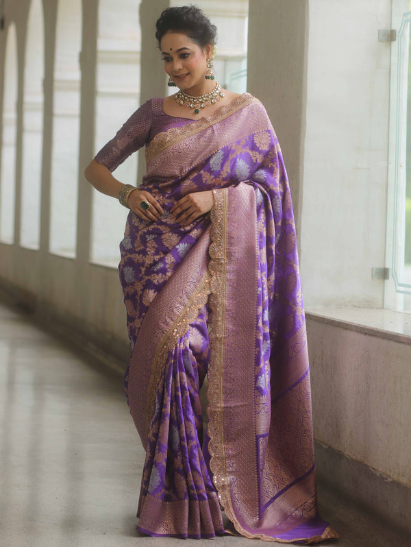 Banarasee Handwoven Georgette Saree Zari Jaal Design With Lace-Lavender