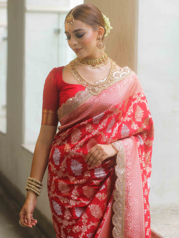 Banarasee Handwoven Georgette Saree Zari Jaal Design With Lace-Red