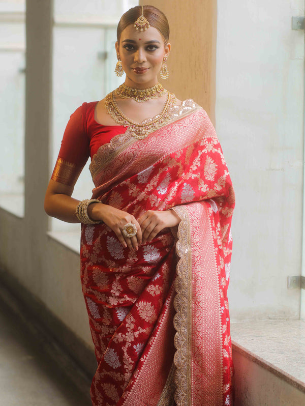 Banarasee Handwoven Georgette Saree Zari Jaal Design With Lace-Red