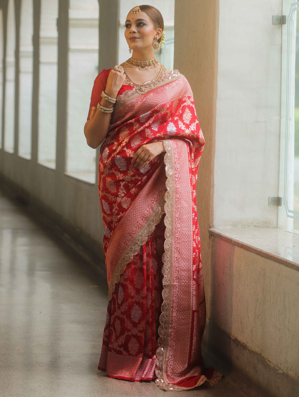 Banarasee Handwoven Georgette Saree Zari Jaal Design With Lace-Red