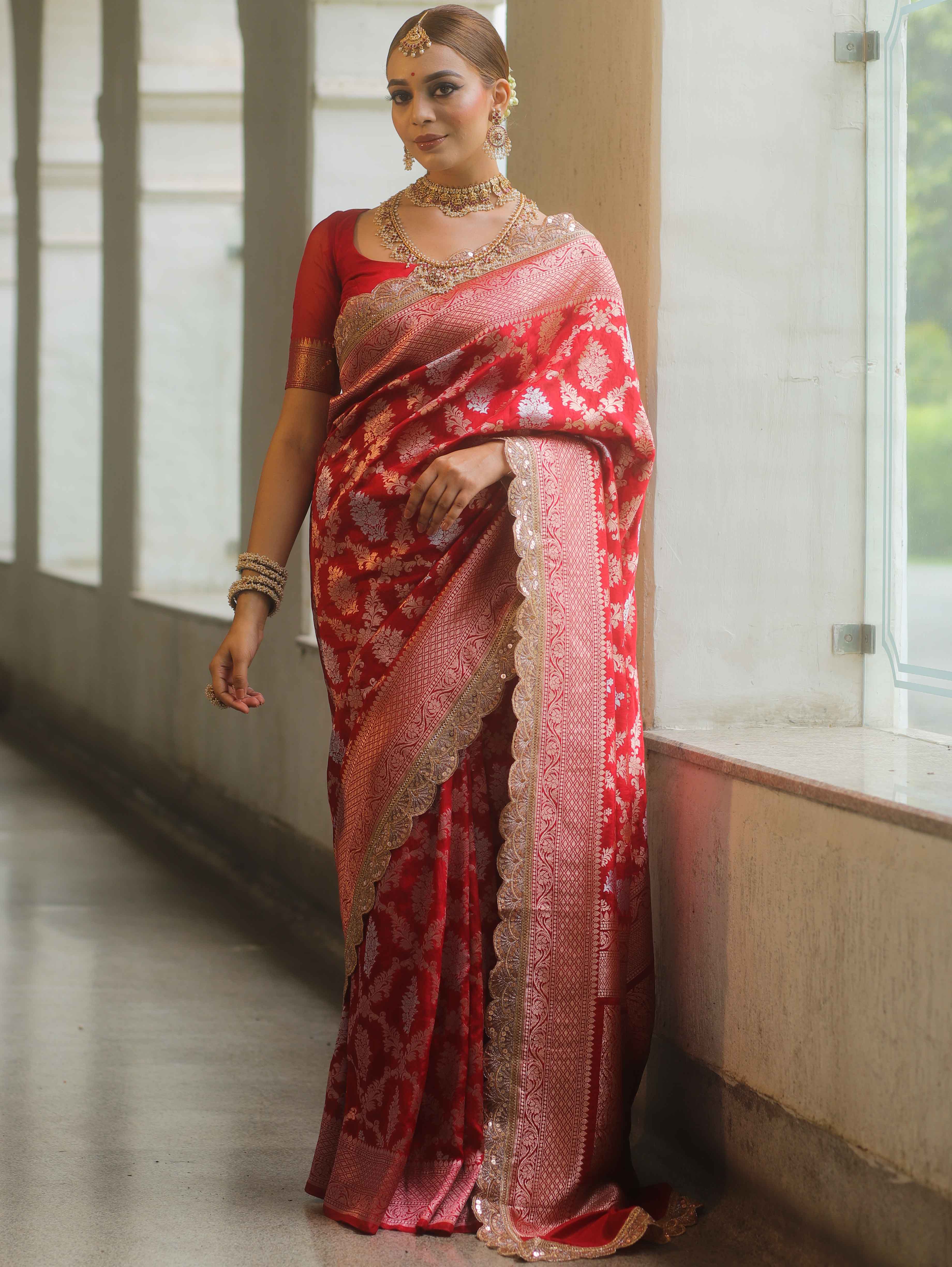 Banarasee Handwoven Georgette Saree Zari Jaal Design With Lace-Red