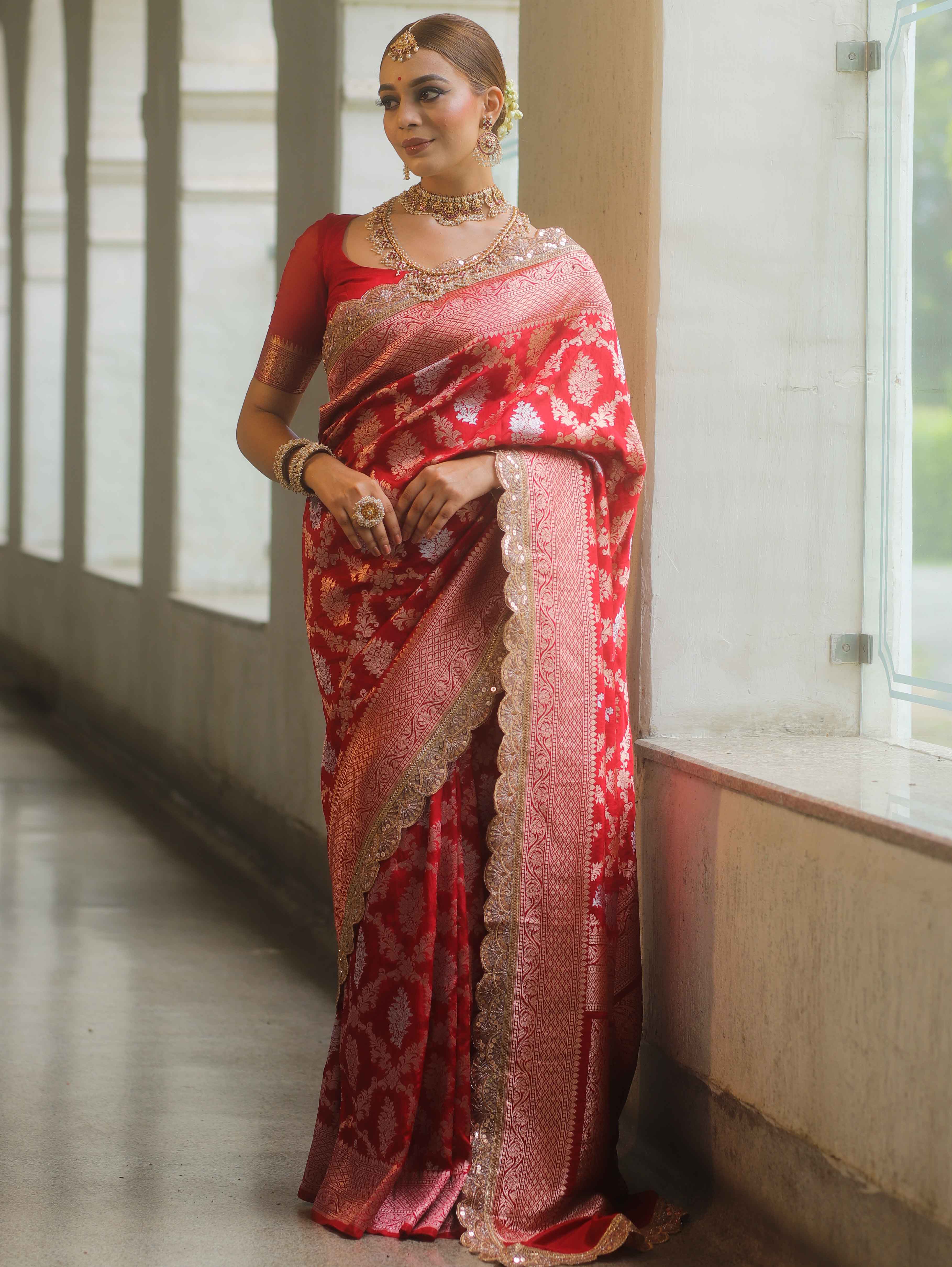 Banarasee Handwoven Georgette Saree Zari Jaal Design With Lace-Red