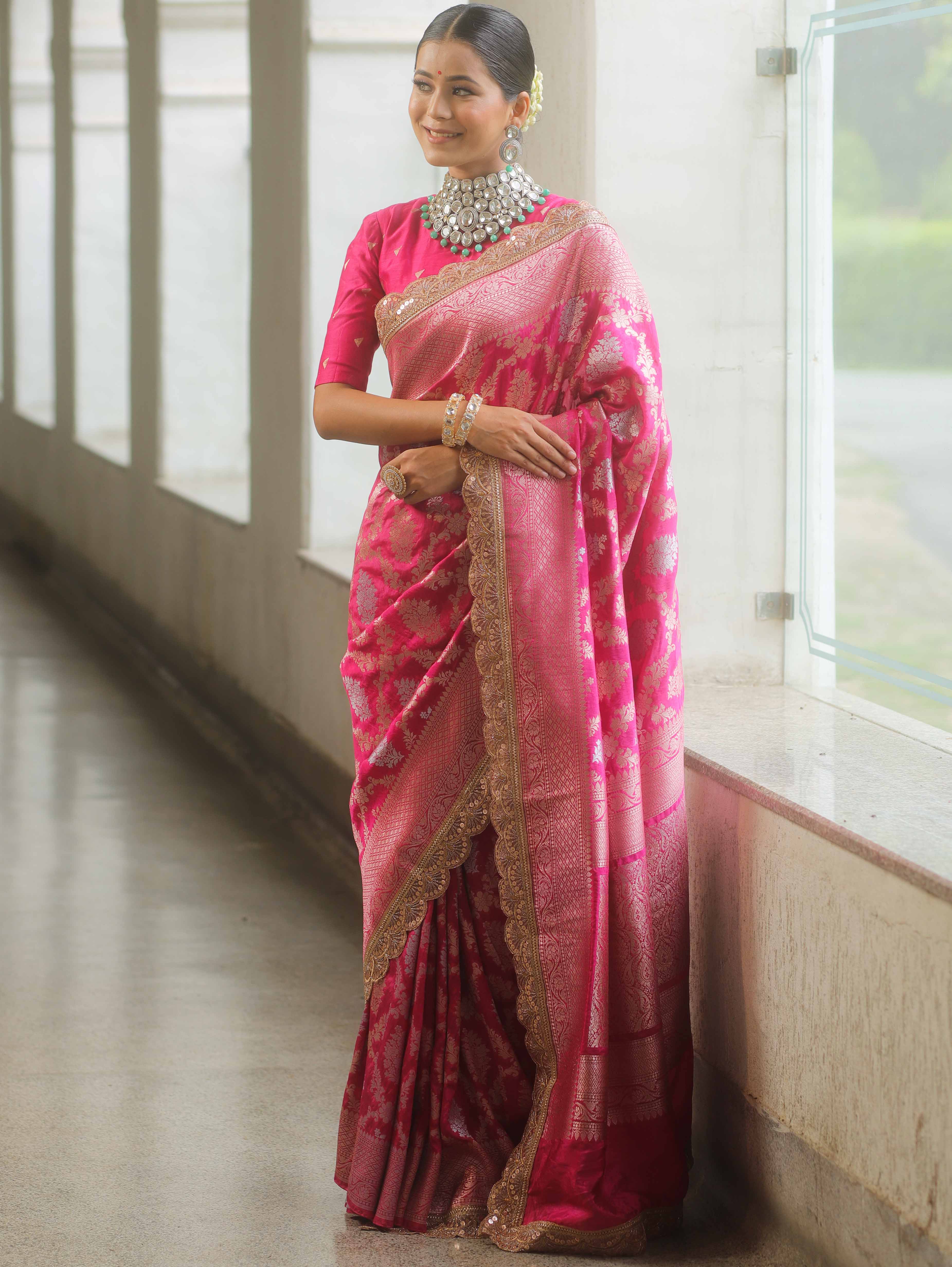 Banarasee Handwoven Georgette Saree Zari Jaal Design With Lace-Pink