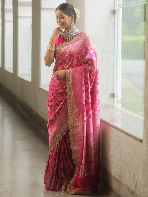 Banarasee Handwoven Georgette Saree Zari Jaal Design With Lace-Pink