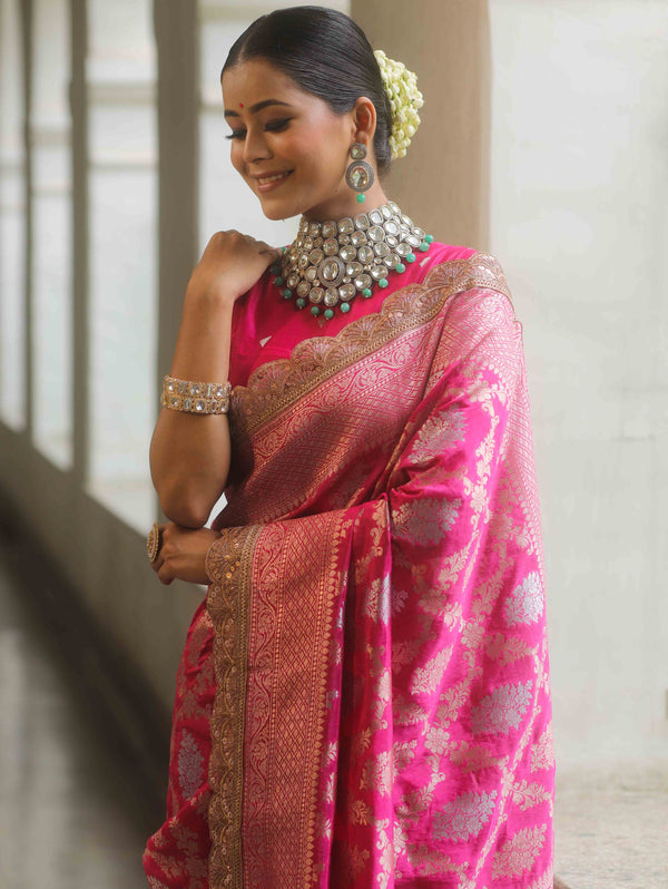 Banarasee Handwoven Georgette Saree Zari Jaal Design With Lace-Pink