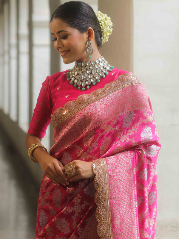 Banarasee Handwoven Georgette Saree Zari Jaal Design With Lace-Pink