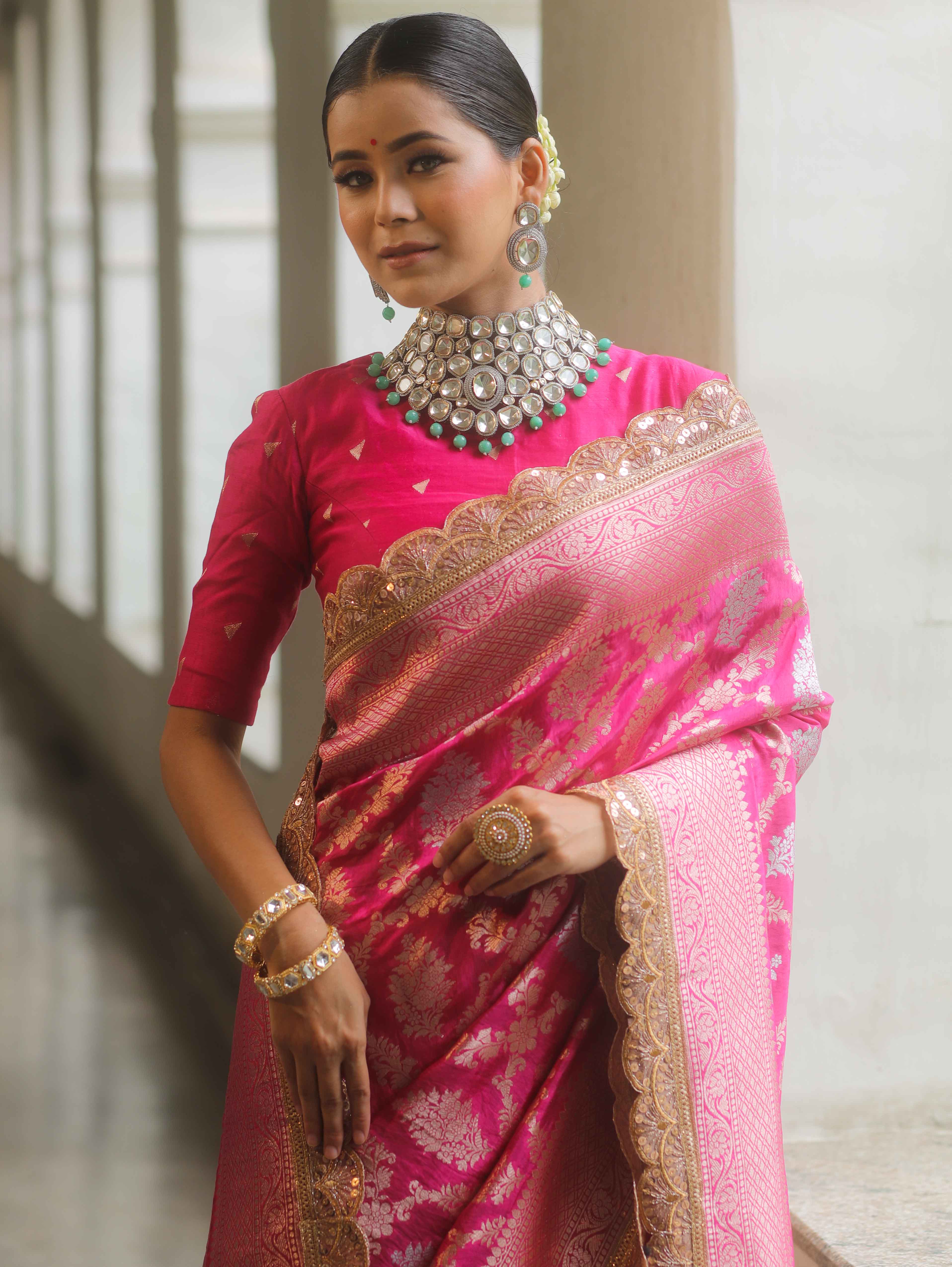 Banarasee Handwoven Georgette Saree Zari Jaal Design With Lace-Pink