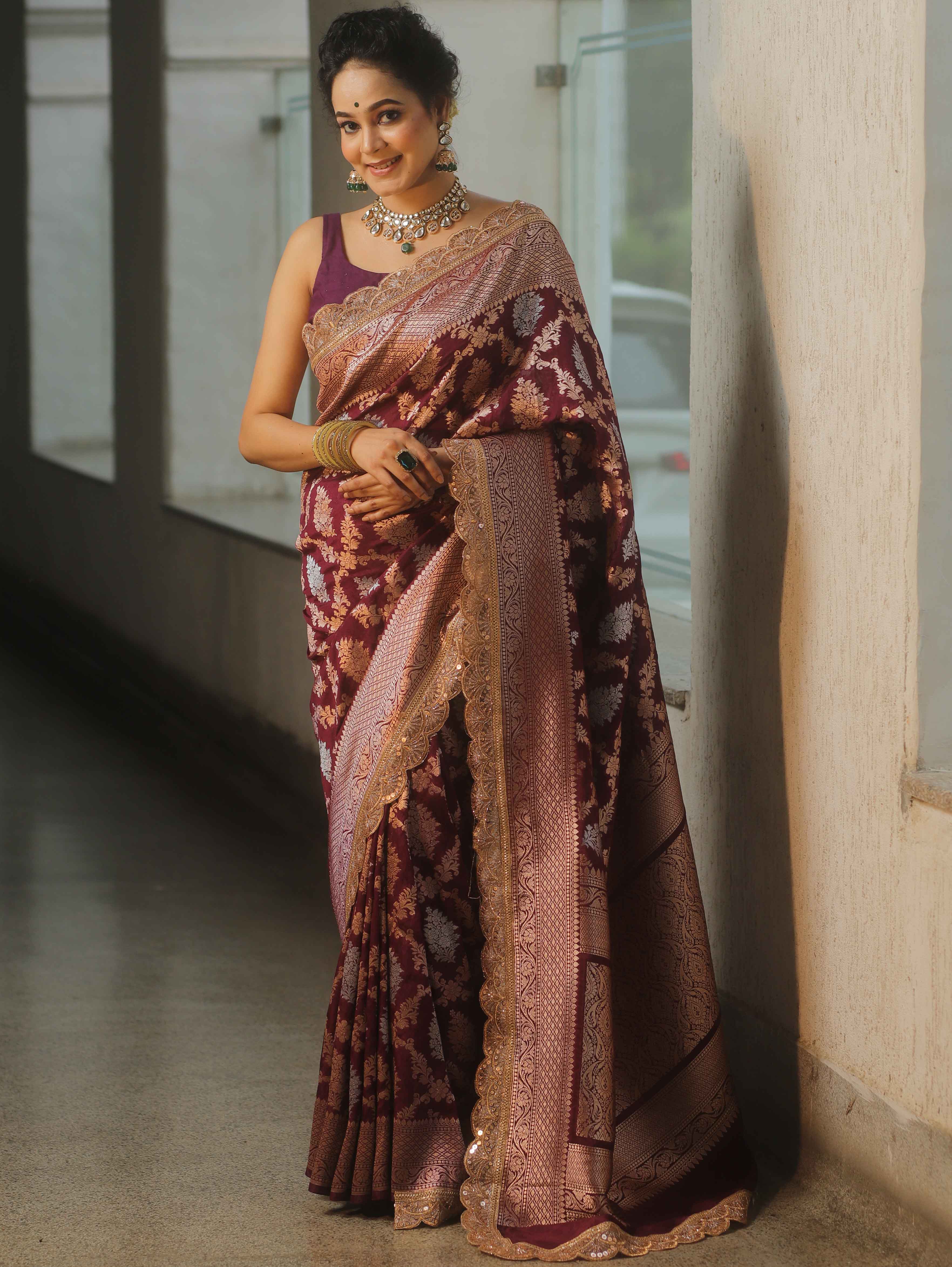 Banarasee Handwoven Georgette Saree Zari Jaal Design With Lace-Violet