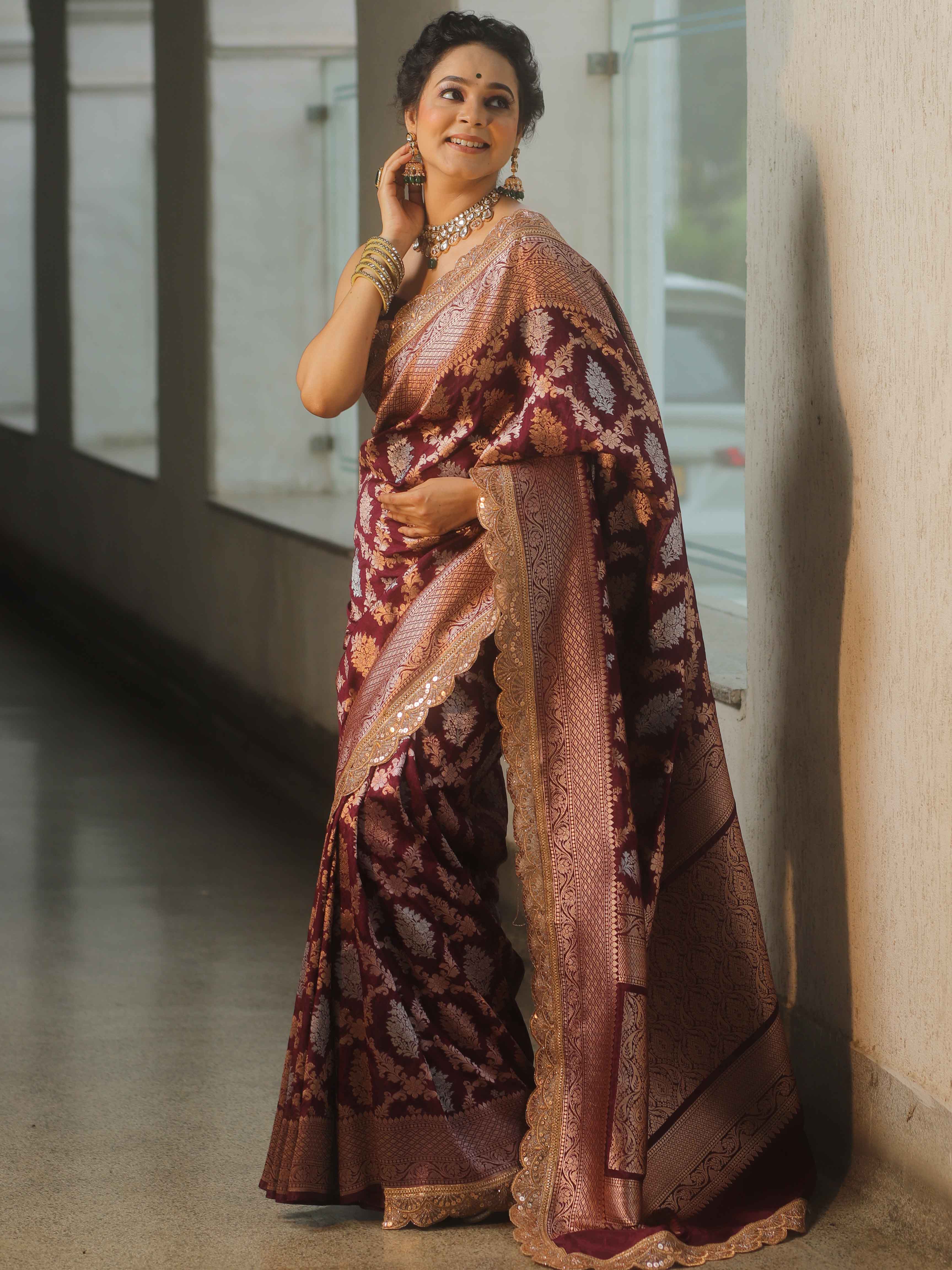 Banarasee Handwoven Georgette Saree Zari Jaal Design With Lace-Violet