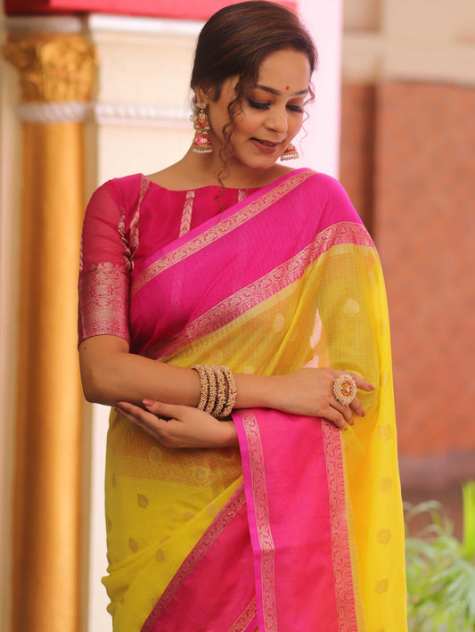 Banarasee Cotton Silk Mix Kota Checks Saree With Zari Design-Yellow